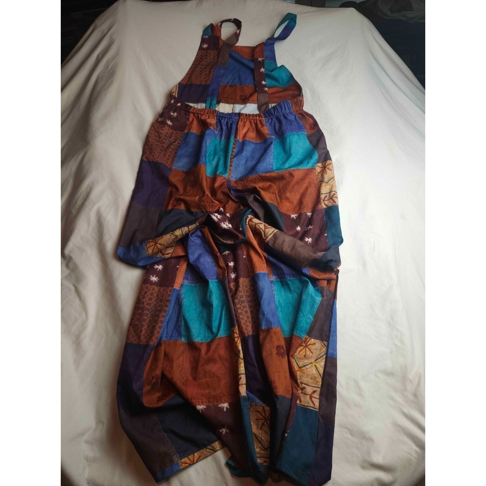 Romwe Patchwork Overalls Womens Size Large Brown Blue Boho Festival Artsy Casual - Picture 7 of 8
